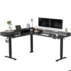 fezibo triple motor 75" l shaped standing desk with 5 drawers, reversible electric standing gaming desk adjustable height, corner stand up desk with splice board, black frame/black top