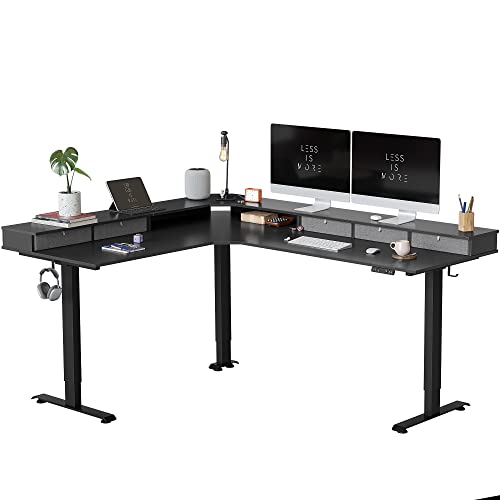 FEZIBO Triple Motor 75" L Shaped Standing Desk with 5 Drawers, Reversible Electric Standing Gaming Desk Adjustable Height, Corner Stand up Desk with Splice Board, Black Frame/Black Top