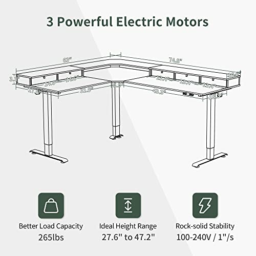 FEZIBO Triple Motor 75" L Shaped Standing Desk with 5 Drawers, Reversible Electric Standing Gaming Desk Adjustable Height, Corner Stand up Desk with Splice Board, Black Frame/Black Top