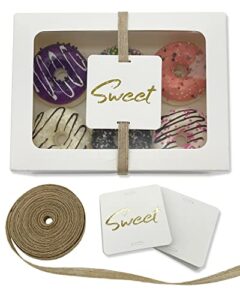 gusisia 24 pack cookie boxes with window, white 8" x 6" x 2.5" backey box for gift giving cupcakes pastry dessert packing plus tags and linen ribbon white