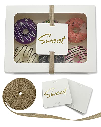 Gusisia 24 Pack Cookie Boxes with Window, White 8" x 6" x 2.5" Backey Box for Gift Giving Cupcakes Pastry Dessert Packing Plus Tags and Linen Ribbon White