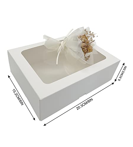 Gusisia 24 Pack Cookie Boxes with Window, White 8" x 6" x 2.5" Backey Box for Gift Giving Cupcakes Pastry Dessert Packing Plus Tags and Linen Ribbon White