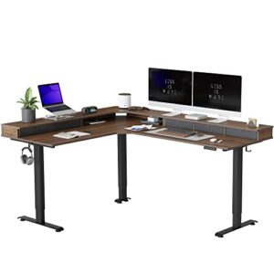 fezibo triple motor 75" l shaped standing desk with 5 drawers, reversible electric standing gaming desk adjustable height, corner stand up desk with splice board, black frame/black walnut top