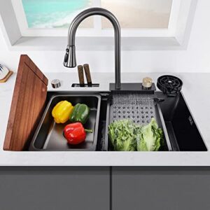 bliote stainless steel waterfall kitchen sink 30"x 18" with knife holder large single slot platform upper and lower pot washing pot set (dark grey)
