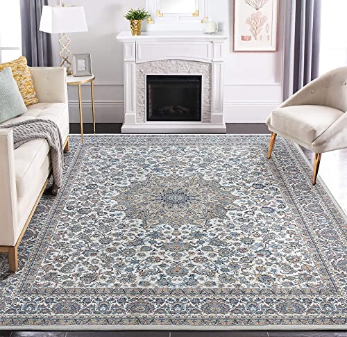 Area Rug Living Room Rugs: 5x7 Large Machine Washable Non Slip Thin Carpet Soft Indoor Luxury Floral Distressed Carpets for Under Dining Table Farmhouse Bedroom Nursery Home Office Multi