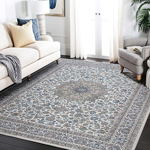 Area Rug Living Room Rugs: 5x7 Large Machine Washable Non Slip Thin Carpet Soft Indoor Luxury Floral Distressed Carpets for Under Dining Table Farmhouse Bedroom Nursery Home Office Multi