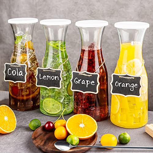 Glass Carafe 4 Pack, Goldarea 35 Oz Water Carafe with 6 Lids, 1 Liter Glass Pitcher, Beverage Jugs, Carafe Set for Mimosa Bar Supplies, 4 Long-Handled Mixing Spoons and Chalkboard Label