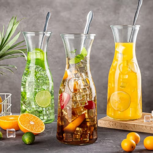 Glass Carafe 4 Pack, Goldarea 35 Oz Water Carafe with 6 Lids, 1 Liter Glass Pitcher, Beverage Jugs, Carafe Set for Mimosa Bar Supplies, 4 Long-Handled Mixing Spoons and Chalkboard Label