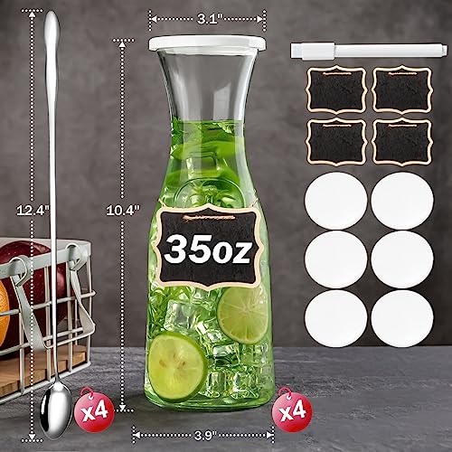 Glass Carafe 4 Pack, Goldarea 35 Oz Water Carafe with 6 Lids, 1 Liter Glass Pitcher, Beverage Jugs, Carafe Set for Mimosa Bar Supplies, 4 Long-Handled Mixing Spoons and Chalkboard Label