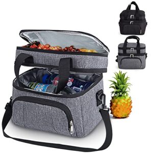 insulated lunch cooler box for men/women, dual compartment, 15l capacity, adjustable shoulder strap, 12 hour hot/cold, grey