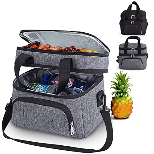 Insulated Lunch Cooler Box for Men/Women, Dual Compartment, 15L Capacity, Adjustable Shoulder Strap, 12 Hour Hot/Cold, Grey