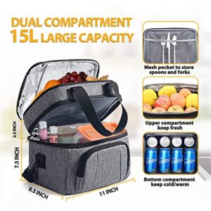 Insulated Lunch Cooler Box for Men/Women, Dual Compartment, 15L Capacity, Adjustable Shoulder Strap, 12 Hour Hot/Cold, Grey