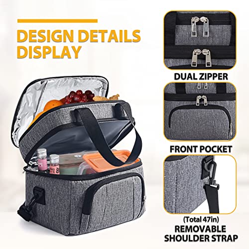 Insulated Lunch Cooler Box for Men/Women, Dual Compartment, 15L Capacity, Adjustable Shoulder Strap, 12 Hour Hot/Cold, Grey