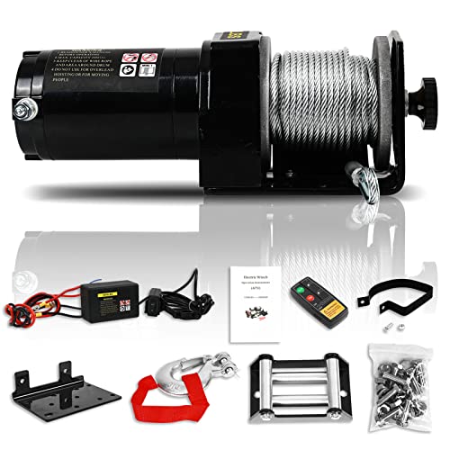 Auraroad Electric Winch 2000 lb, 12V DC ATV UTV Electric Winch with Wireless Remote, Steel Rope Waterproof Towing Winch Kit