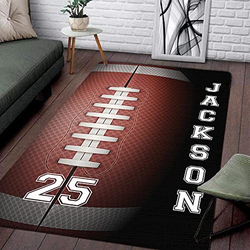 Personalized Football Art Rug with Name Number, Football Area Rug 2x3 3x5 4x6 5x8, Sports Ball Doormat for Living Room Bedroom Anti-Skid American Football Playing Rug Carpet Floor Mat Kitchen Rugs