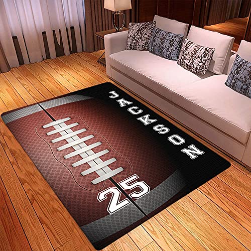 Personalized Football Art Rug with Name Number, Football Area Rug 2x3 3x5 4x6 5x8, Sports Ball Doormat for Living Room Bedroom Anti-Skid American Football Playing Rug Carpet Floor Mat Kitchen Rugs