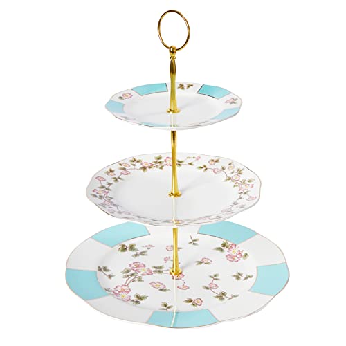 MOSTDEN 3-Tier Ceramic Cake Stand Cake Stand/Cupcake Stand/Dessert Stand/Tea Party Pastry Serving Platter/Food Display with A Serving Tong (Blue)