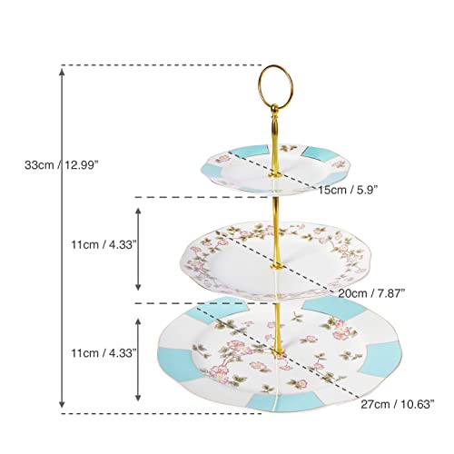 MOSTDEN 3-Tier Ceramic Cake Stand Cake Stand/Cupcake Stand/Dessert Stand/Tea Party Pastry Serving Platter/Food Display with A Serving Tong (Blue)