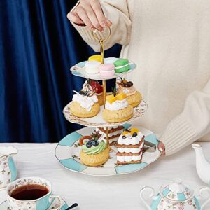 MOSTDEN 3-Tier Ceramic Cake Stand Cake Stand/Cupcake Stand/Dessert Stand/Tea Party Pastry Serving Platter/Food Display with A Serving Tong (Blue)