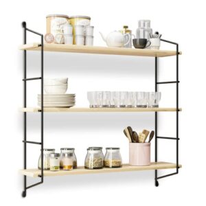 benoldy, 3 tier classic black metal frame wall mounted floating shelf with pine wood rack - decorative storage wall shelves for bathroom, kitchen, living room, and bedroom organization