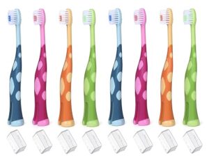 55dental kids toothbrush set of soft giraffe toothbrush for kids 3-9. easy-grip, bristle cover, self-standing & splited bottom for cup rim. by lix, 4 colors