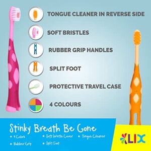 55Dental Kids Toothbrush Set of Soft Giraffe Toothbrush for Kids 3-9. Easy-Grip, Bristle Cover, Self-Standing & Splited Bottom for Cup Rim. by Lix, 4 Colors