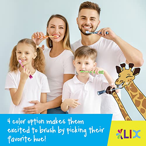 55Dental Kids Toothbrush Set of Soft Giraffe Toothbrush for Kids 3-9. Easy-Grip, Bristle Cover, Self-Standing & Splited Bottom for Cup Rim. by Lix, 4 Colors