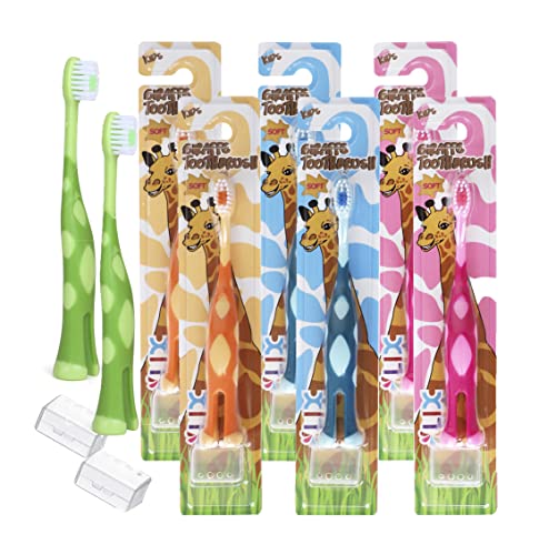 55Dental Kids Toothbrush Set of Soft Giraffe Toothbrush for Kids 3-9. Easy-Grip, Bristle Cover, Self-Standing & Splited Bottom for Cup Rim. by Lix, 4 Colors