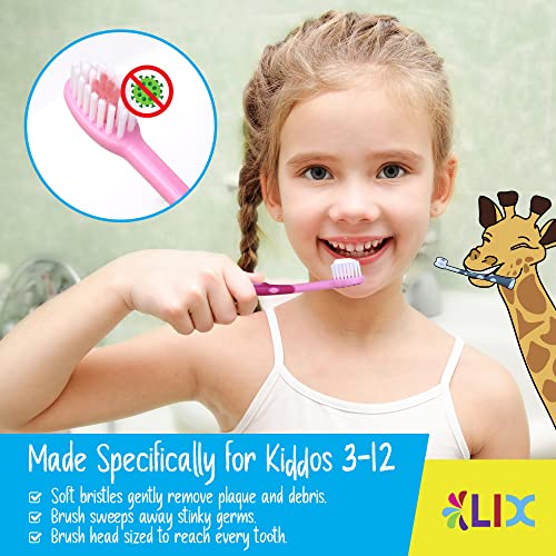 55Dental Kids Toothbrush Set of Soft Giraffe Toothbrush for Kids 3-9. Easy-Grip, Bristle Cover, Self-Standing & Splited Bottom for Cup Rim. by Lix, 4 Colors