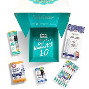 gurunanda complete oral care kit 1.0 with cocomint pulling oil, butter on gums toothbrush, concentrated mouthwash, handheld portable water flosser, & saline packets - 5ct