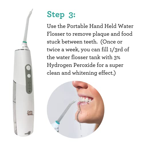 GuruNanda Complete Oral Care Kit 1.0 with CocoMint Pulling Oil, Butter on Gums Toothbrush, Concentrated Mouthwash, Handheld Portable Water Flosser, & Saline Packets - 5ct