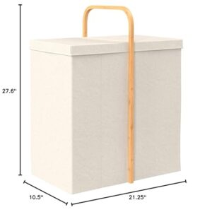 ClosetMaid Laundry Hamper Basket, Foldable with Lid, Two Compartments, Bamboo Handle, Portable, Collapsible Design, Freestanding, Beige
