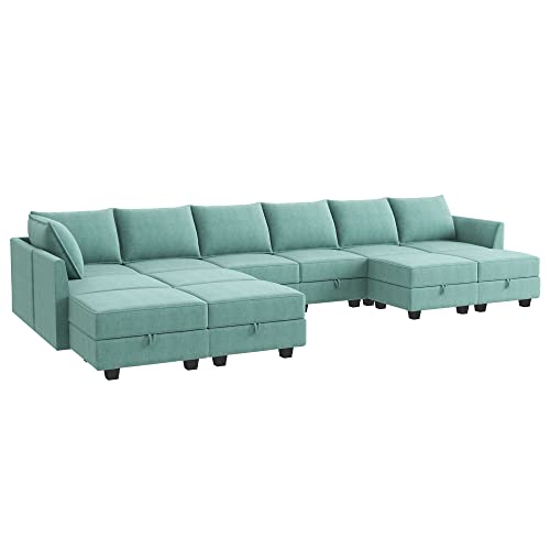 HONBAY Modular Sofa Couch with Storage Seats U Shaped Modular Sectional Sofa with Reversible Chiase Oversized Modular Sofa Sleeper Set with Ottomans, Aqua Blue