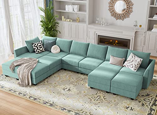 HONBAY Modular Sofa Couch with Storage Seats U Shaped Modular Sectional Sofa with Reversible Chiase Oversized Modular Sofa Sleeper Set with Ottomans, Aqua Blue