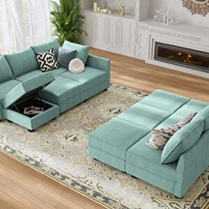 HONBAY Modular Sofa Couch with Storage Seats U Shaped Modular Sectional Sofa with Reversible Chiase Oversized Modular Sofa Sleeper Set with Ottomans, Aqua Blue