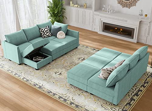 HONBAY Modular Sofa Couch with Storage Seats U Shaped Modular Sectional Sofa with Reversible Chiase Oversized Modular Sofa Sleeper Set with Ottomans, Aqua Blue