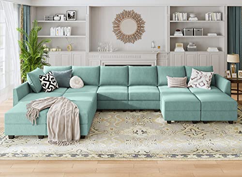 HONBAY Modular Sofa Couch with Storage Seats U Shaped Modular Sectional Sofa with Reversible Chiase Oversized Modular Sofa Sleeper Set with Ottomans, Aqua Blue