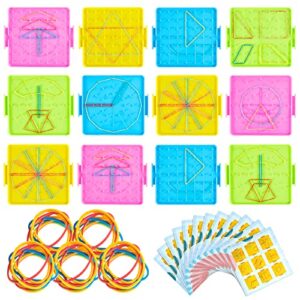 12 pcs double sided geoboard mathematical geoboards with rubber bands math manipulatives toy for geometry, 6.9 x 6.3 inches