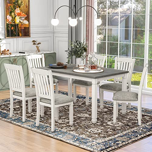 RUNNA Classical 7-Piece Dining Table Set with Wood Rectangle Table,6 Upholstered Chairs and Shaped Legs,for DiningRoom,Living Room Furniture,6-8 Persons Use