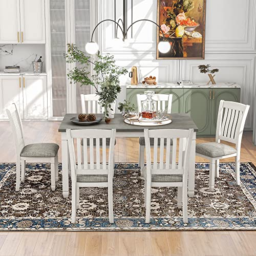 RUNNA Classical 7-Piece Dining Table Set with Wood Rectangle Table,6 Upholstered Chairs and Shaped Legs,for DiningRoom,Living Room Furniture,6-8 Persons Use