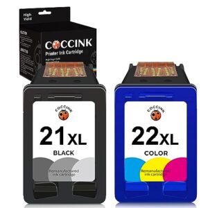 coccink 21xl 22xl ink cartridge replacement for hp ink 21 22 xl for deskjet f4180 f2210 d1560 d1530 d1420 d1520 3915 3930 psc 1410 officejet 4315 j3680 combo pack (1 black 1 tri-color)