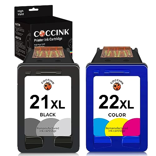 COCCINK 21XL 22XL Ink Cartridge Replacement for HP Ink 21 22 XL for Deskjet F4180 F2210 D1560 D1530 D1420 D1520 3915 3930 PSC 1410 Officejet 4315 J3680 Combo Pack (1 Black 1 Tri-Color)