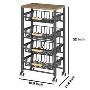 Fruit Basket for Kitchen, 5 Tier Large Pull-out Wire Basket With Wood Top and Wheels, Kitchen Storage Cart for Fruit Vegetable Onions Potatoes Banana, Black