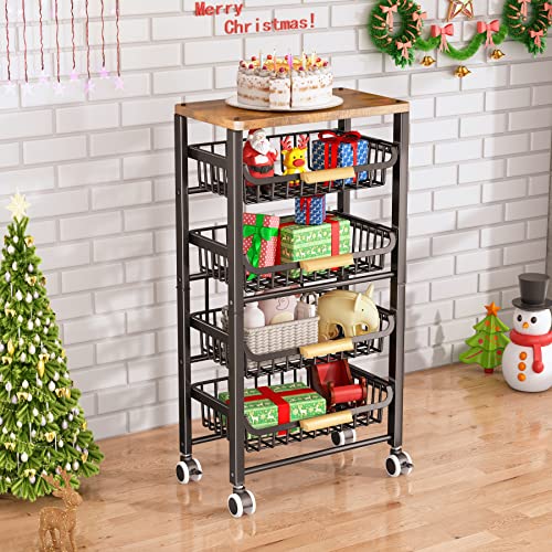 Fruit Basket for Kitchen, 5 Tier Large Pull-out Wire Basket With Wood Top and Wheels, Kitchen Storage Cart for Fruit Vegetable Onions Potatoes Banana, Black