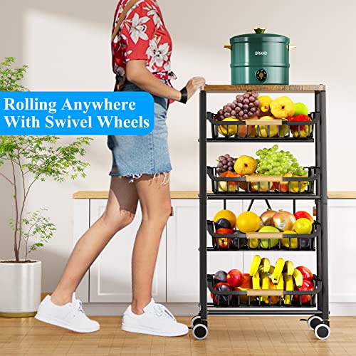 Fruit Basket for Kitchen, 5 Tier Large Pull-out Wire Basket With Wood Top and Wheels, Kitchen Storage Cart for Fruit Vegetable Onions Potatoes Banana, Black