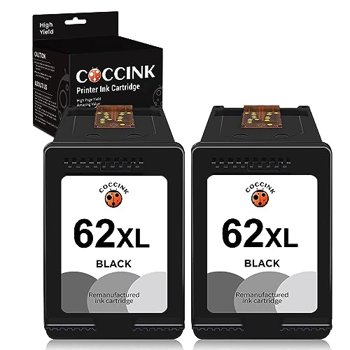 COCCINK 62XL Ink Cartridge Replacement for HP Ink 62 XL for Envy 5660 7645 7640 5642 5643 5640 OfficeJet 250 5740 200 5746 5745 Mobile 200 250 Printer Ink High Yield Combo Pack (2 Black)