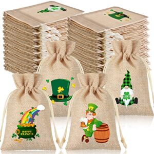 Riakrum 48 Pieces St. Patricks Day Burlap Gift Bags with Drawstring St. Patricks Day Shamrock Linen Goody Gift Bags Jute Treat Candy Bags for St. Patrick's Day Party Supplies, 4 Different Designs