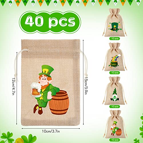 Riakrum 48 Pieces St. Patricks Day Burlap Gift Bags with Drawstring St. Patricks Day Shamrock Linen Goody Gift Bags Jute Treat Candy Bags for St. Patrick's Day Party Supplies, 4 Different Designs