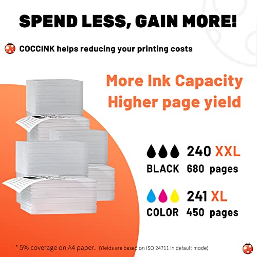 COCCINK 240XXL 241XL Ink Cartridge Replacement for Canon PG-240 CL-241 XL Used with Pixma MG3600 MG3620 MG3520 MG2120 TS5120 MX452 MX450 MX459 MX472 Printer (1 Black 1 Tri-Color)