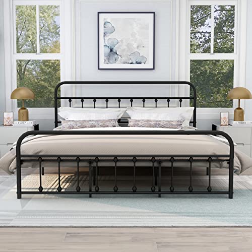 RYR Victorian Metal Platform King Size Bed Frame with Headboard Footboard No Box Spring Required Black